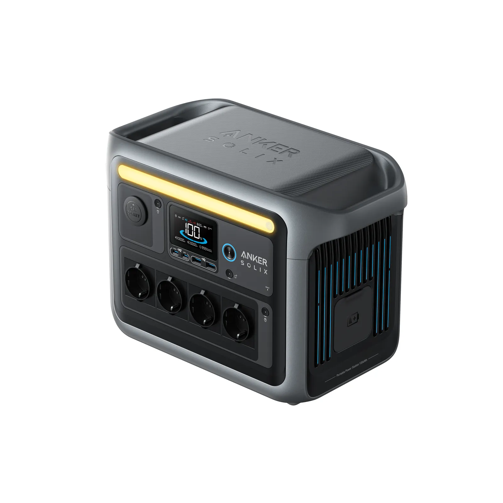 Anker SOLIX C1000 Powerstation in der Dreiviertelansicht, vier AC-Steckdosen, Farbdisplay und leuchtende Statusleiste