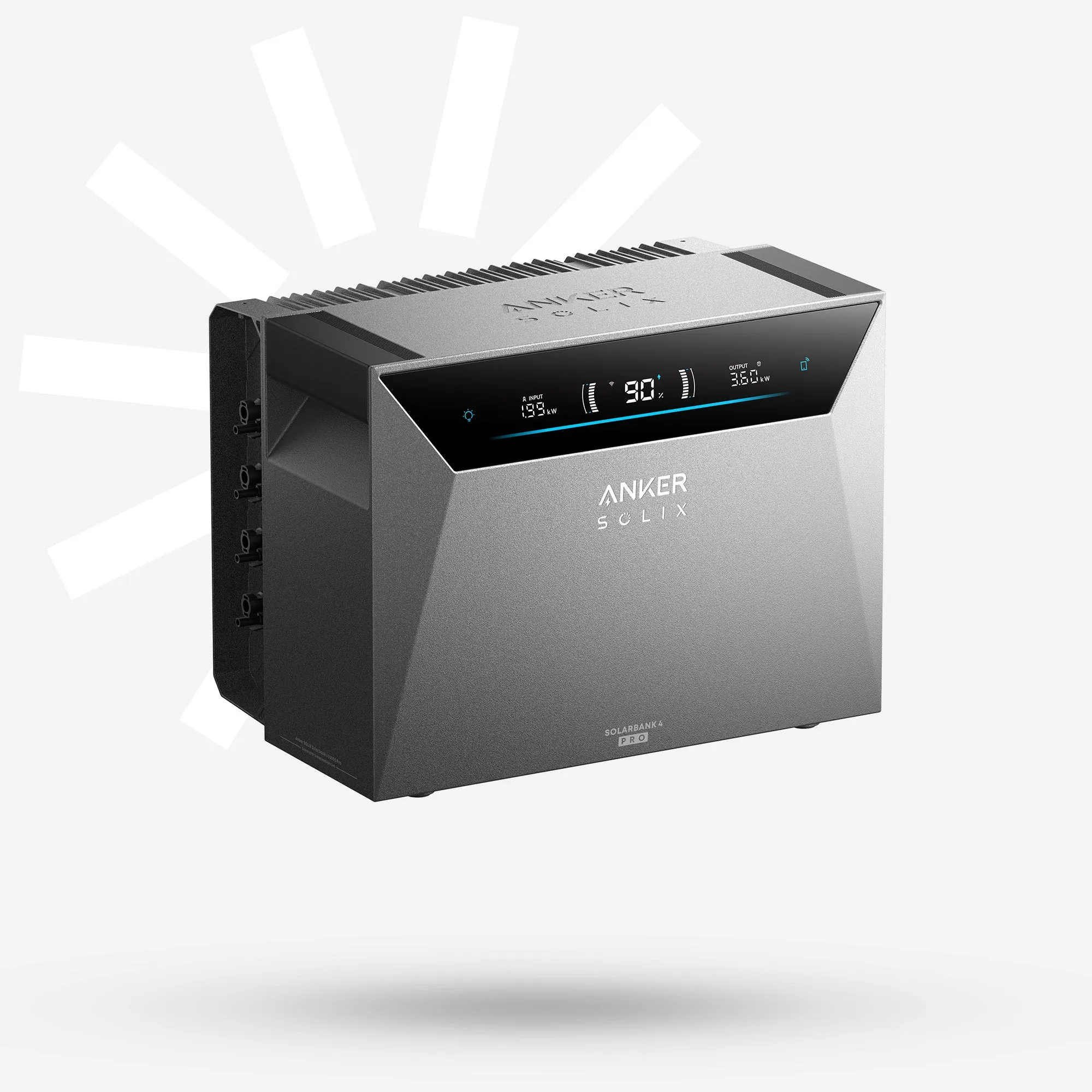 Anker SOLIX Solarbank 4 Pro E5000 — BKW-Speicher in 3/4-Ansicht mit Touch-Display, 4 MPPT-Eingängen und ANKER-SOLIX-Branding (offizielles Pressefoto)