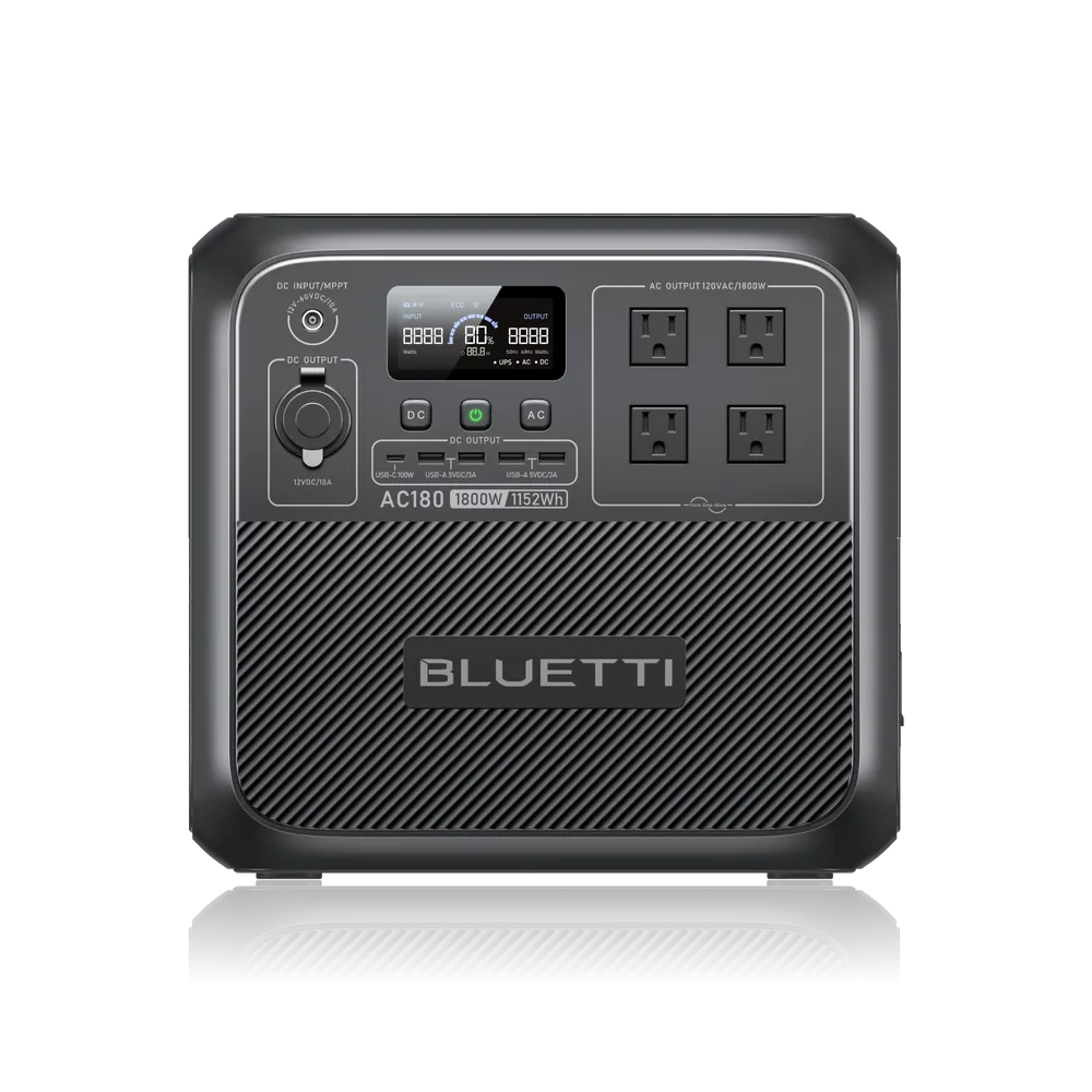 Bluetti AC180 Powerstation — Frontansicht mit Display, drei AC-Ausgängen, Tragegriff und Bluetti-Logo