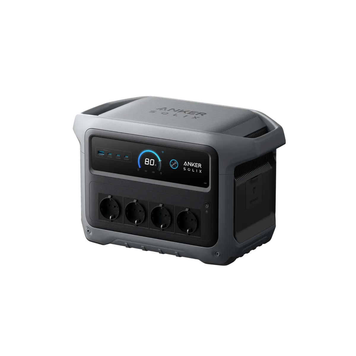 Anker SOLIX C1000 Gen 2 Powerstation, Frontansicht mit Display, vier Schuko-Steckdosen und USB-Anschlüssen