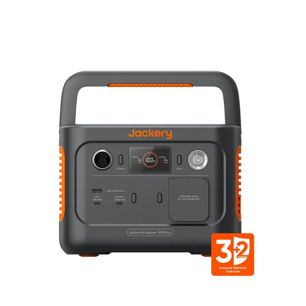 Jackery Explorer 300 Plus Powerstation — Kompaktes Design mit Tragegriff, AC-Ausgang und Jackery-Logo in Orange
