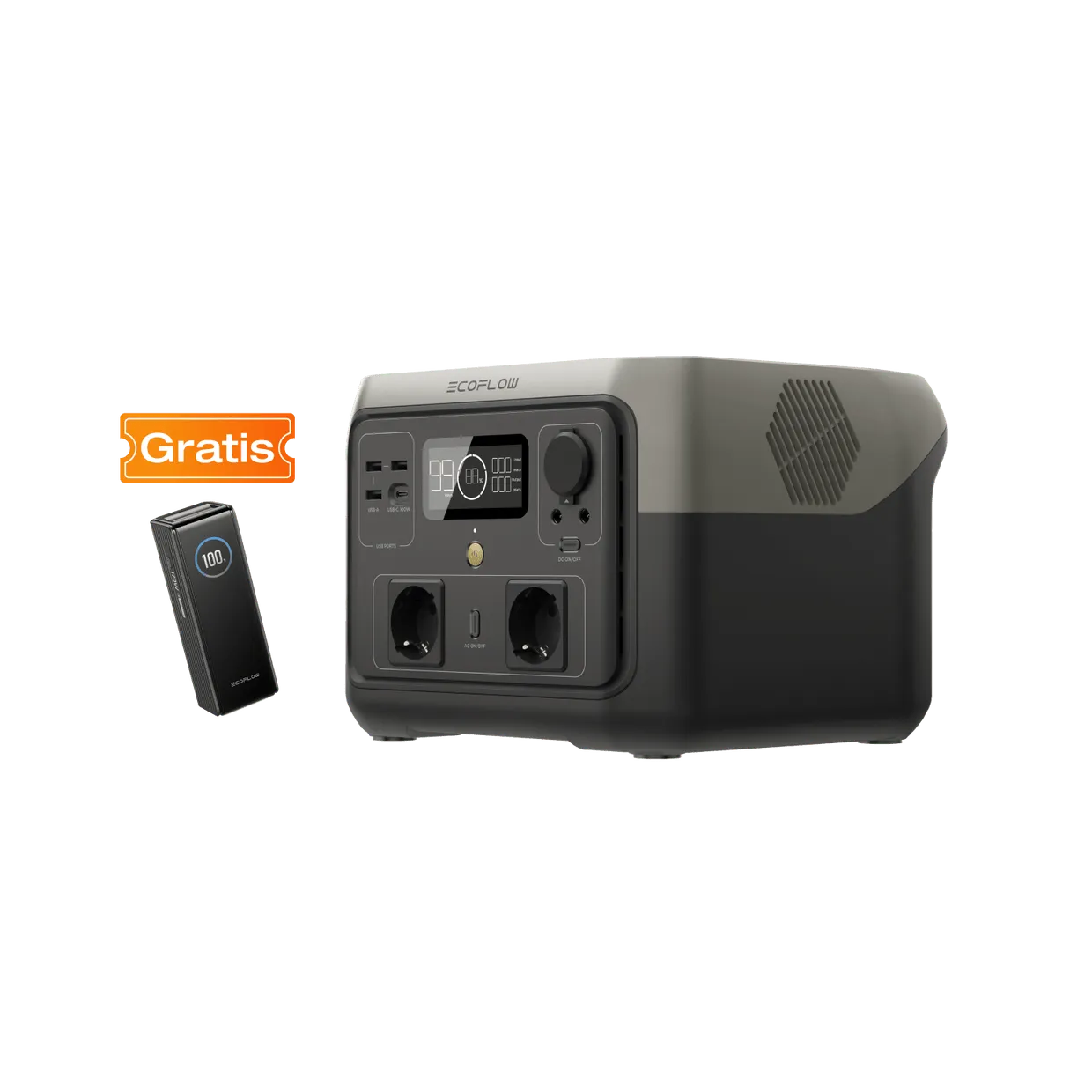 EcoFlow River 2 Max Powerstation — Frontansicht mit Display, AC-Ausgängen und EcoFlow-Logo in kompaktem Format