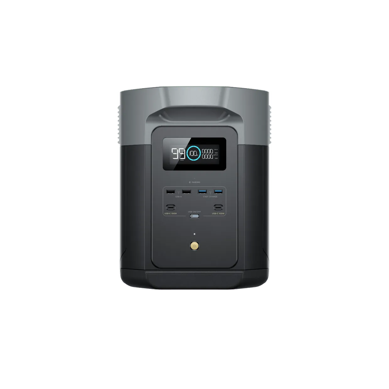 EcoFlow DELTA 2 Max Powerstation — Frontansicht mit vier AC-Ausgängen, farbigem Display und EcoFlow-Logo