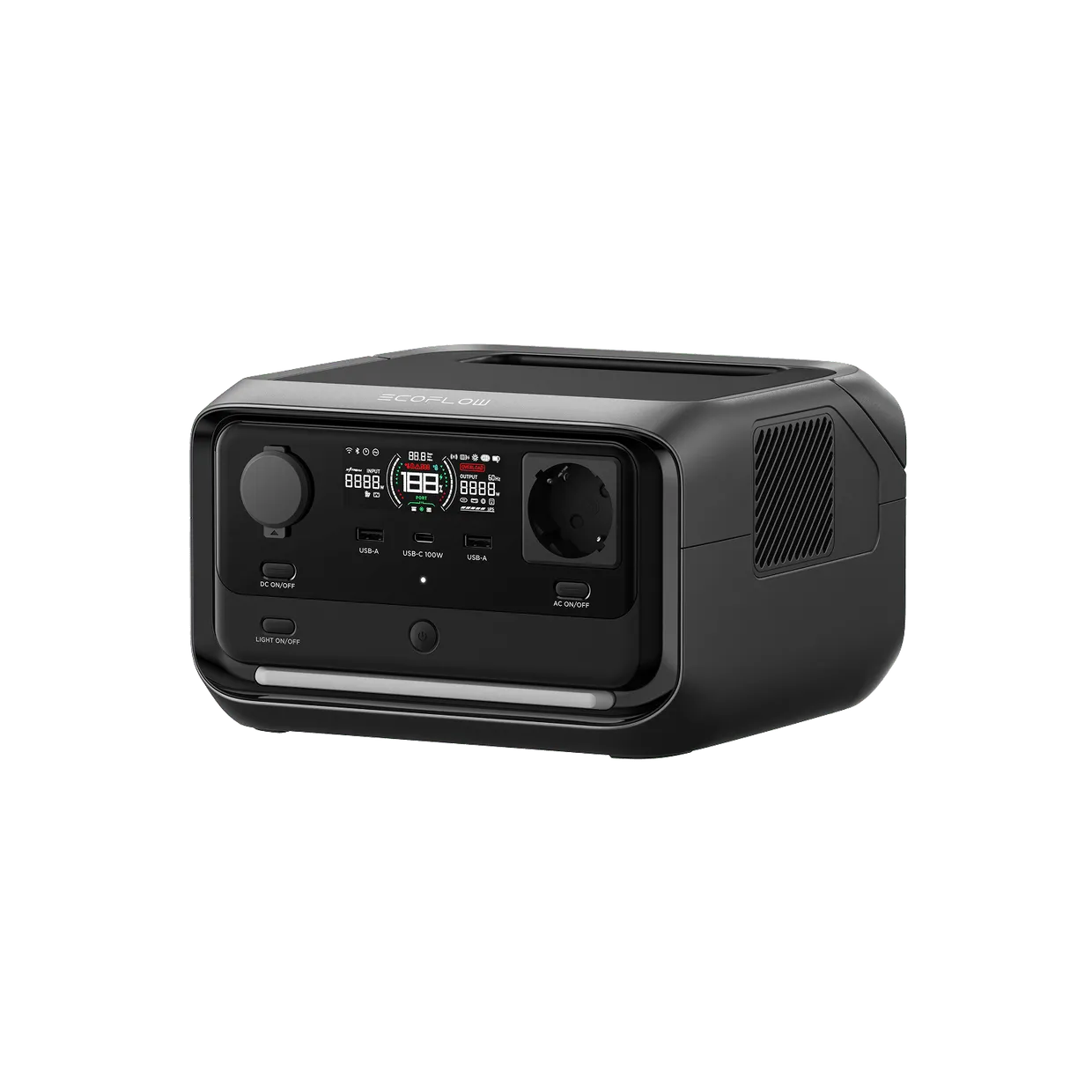 EcoFlow River 3 Plus Powerstation — Frontansicht mit Display, AC-Ausgängen und EcoFlow-Logo in kompaktem Format