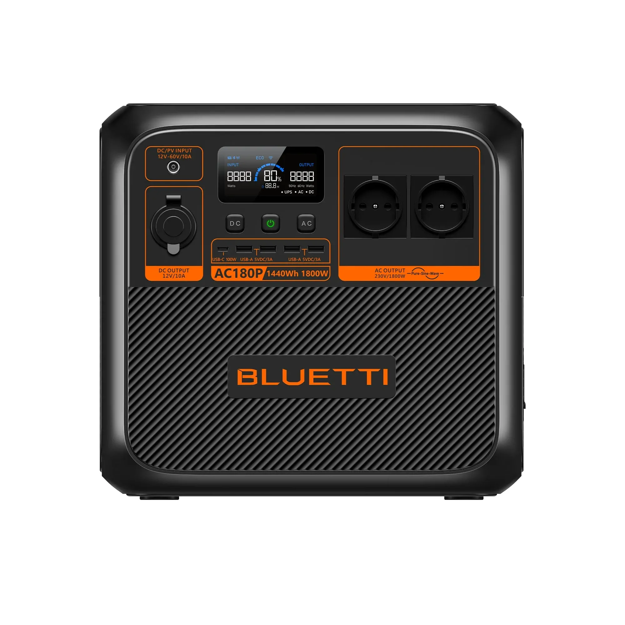 Bluetti AC180P Powerstation — Frontansicht mit Display, AC-Ausgängen, Tragegriff und Bluetti-Logo auf weißem Hintergrund