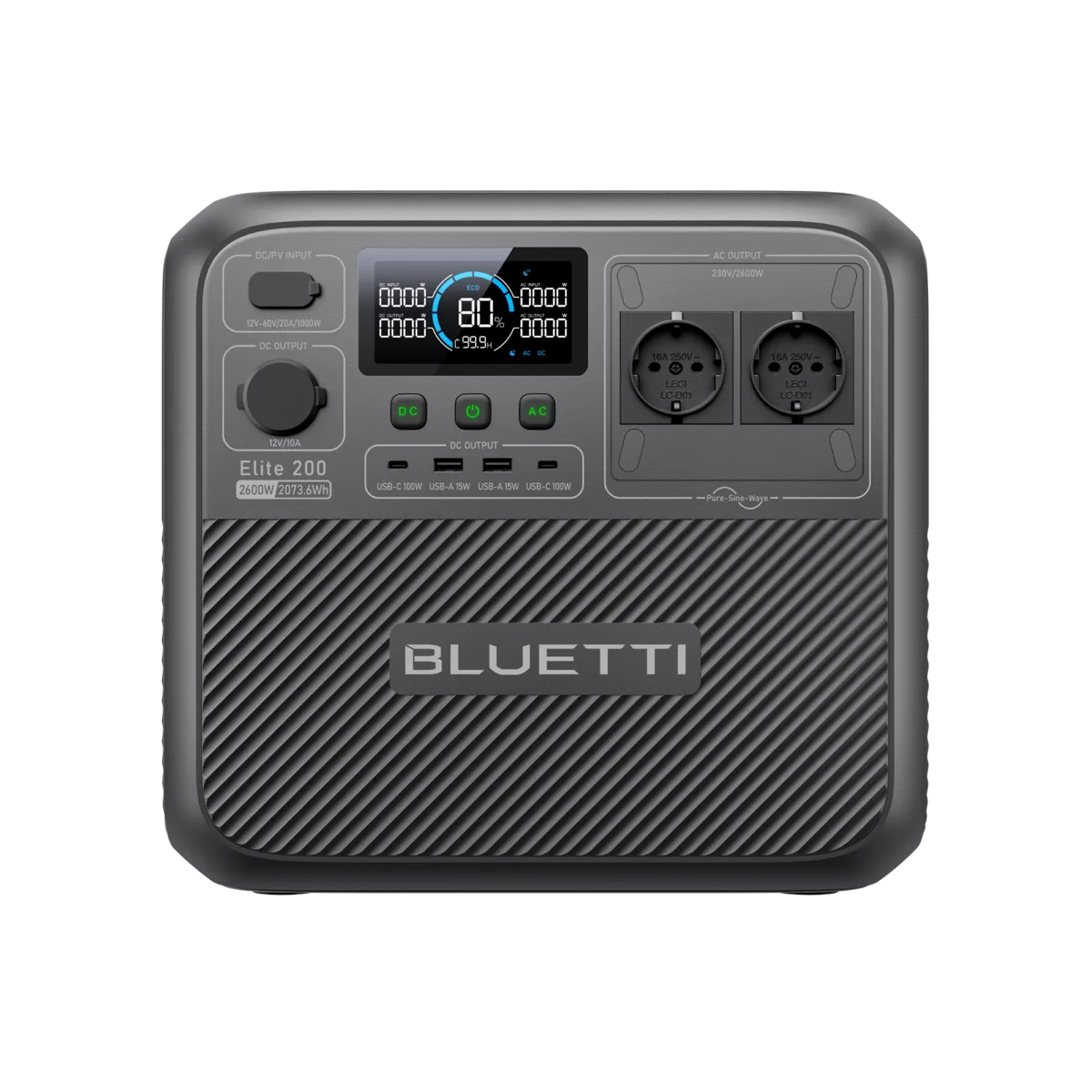 Bluetti Elite 200 V2 Powerstation, Frontansicht mit Farbdisplay, zwei Schuko-Steckdosen und USB-Anschlüssen