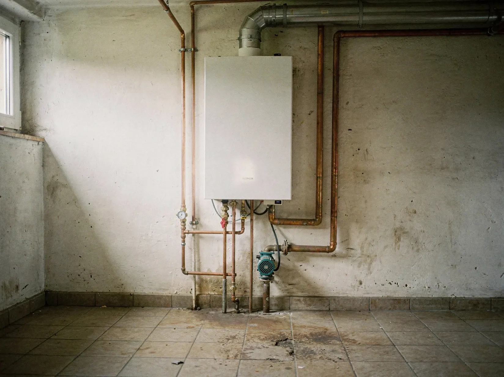 Heizungskeller mit weißer Gastherme an der Wand, Kupfer- und Stahlrohren und einer Umwälzpumpe am Rücklauf