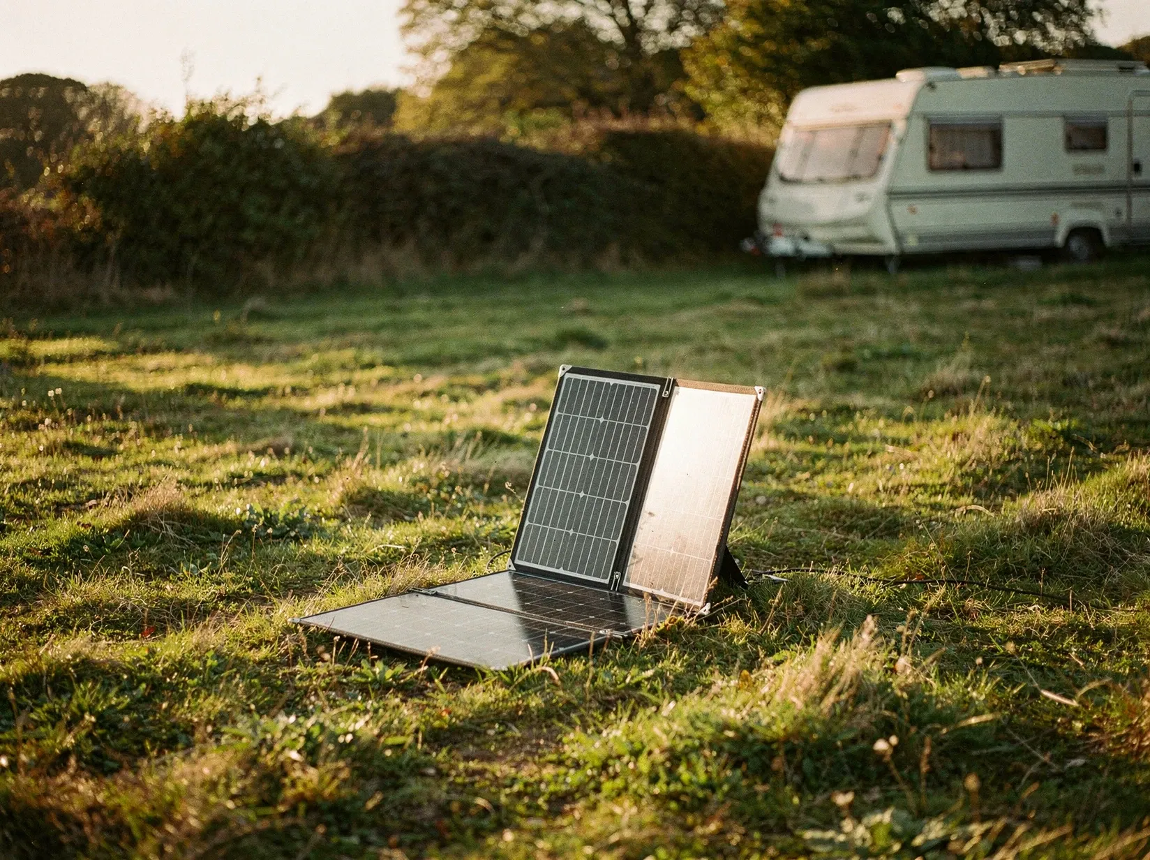 Aufgestelltes faltbares Solarmodul auf einer Wiese im Spätnachmittagslicht, im Hintergrund unscharf ein Wohnwagen